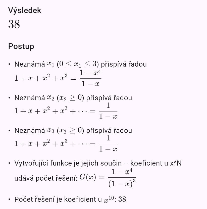 počet řešení x_1 + x_2 + x_3 = 10, x_1 <= 3
