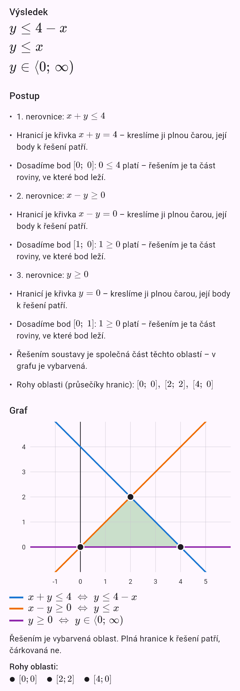 x + y <= 4
x - y >= 0
y >= 0