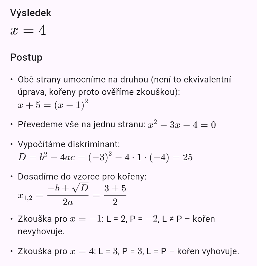 sqrt(x+5) = x - 1