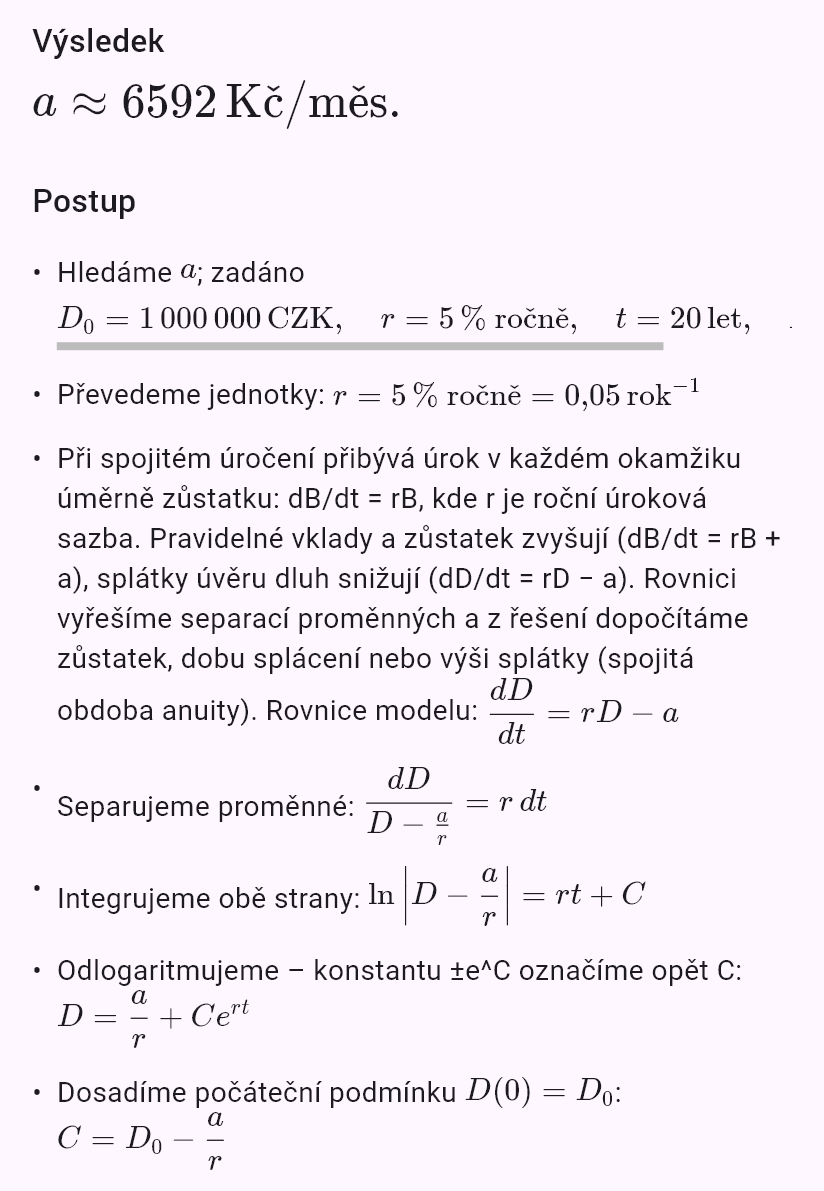 model(interest; find=a[CZK_mo]; B0=1000000[CZK]; r=5[pct_yr]; t=20[yr]; B=0[CZK]; kind=loan)