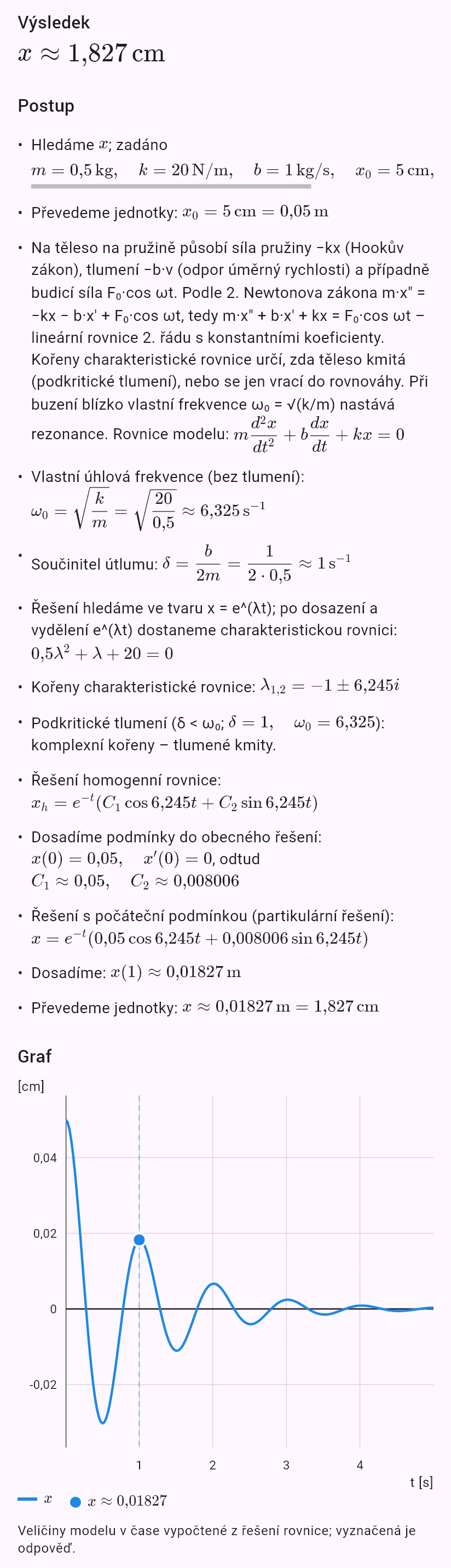 model(spring; find=x[cm]; m=0.5[kg]; k=20[N_m]; b=1[kg_s]; x0=5[cm]; v0=0[m_s]; t=1[s])
