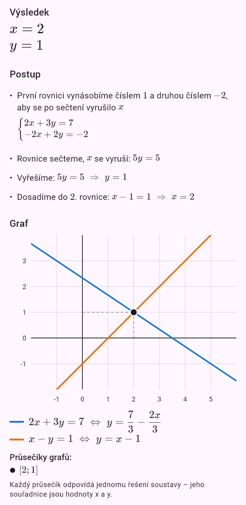 2x + 3y = 7
x - y = 1