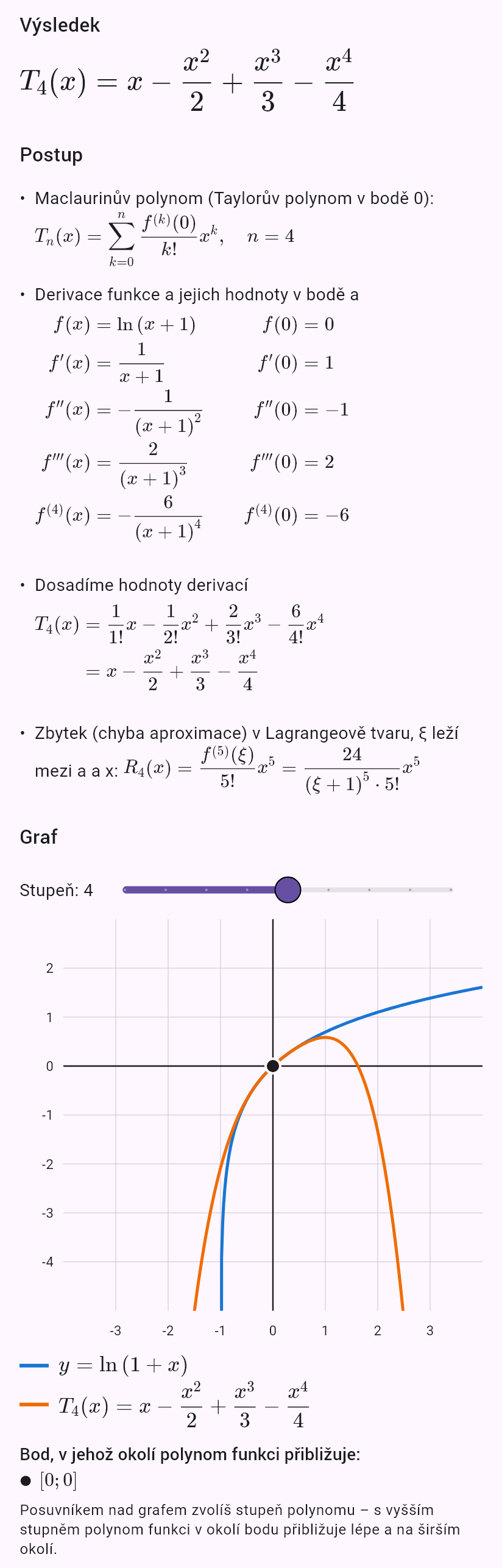 taylor(ln(1 + x), 0, 4)