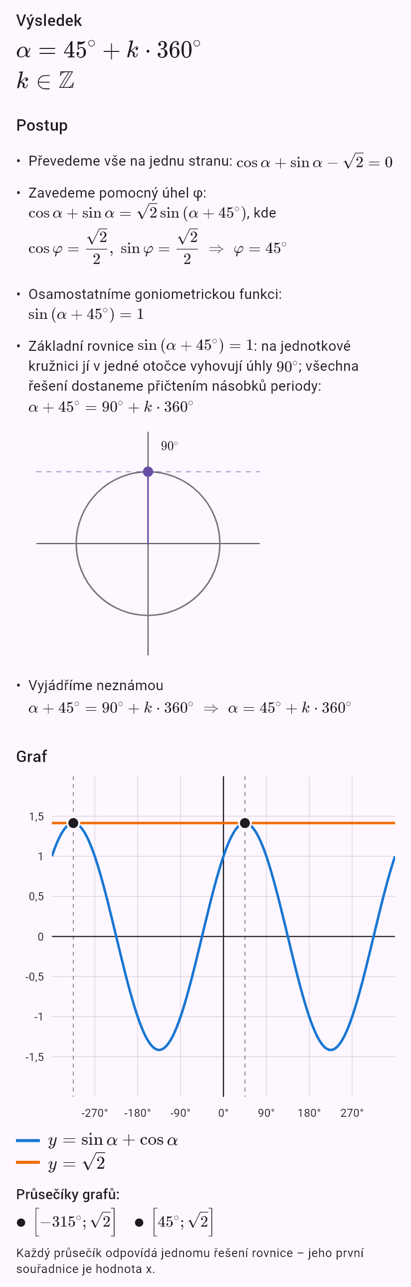 sin alpha + cos alpha = sqrt(2)