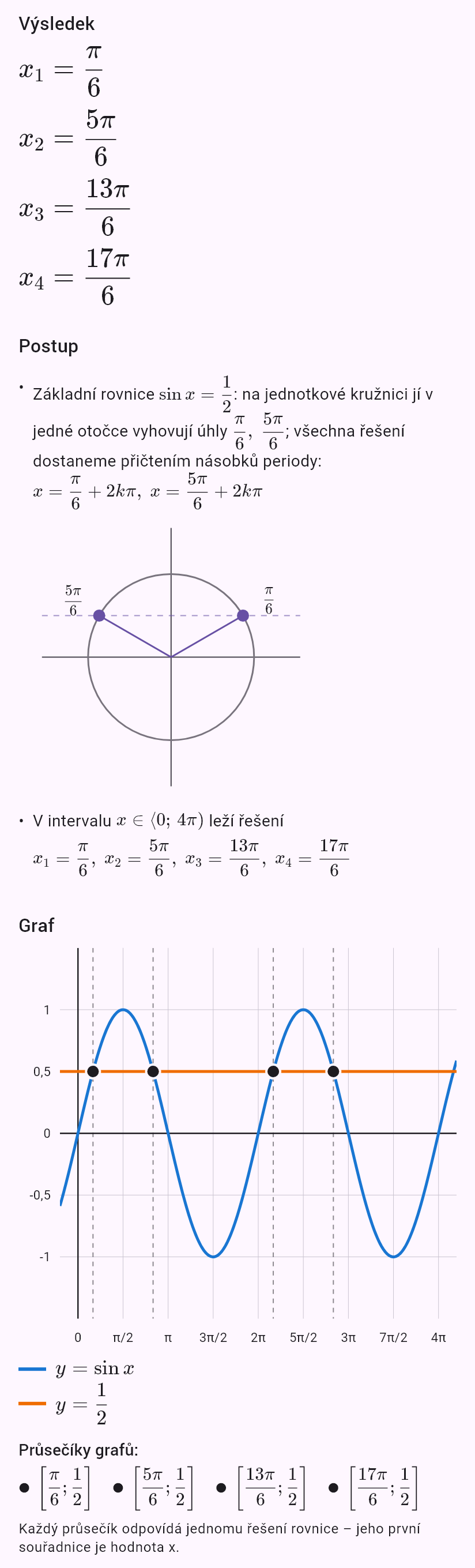 sin x = 1/2, x ∈ <0; 4pi)