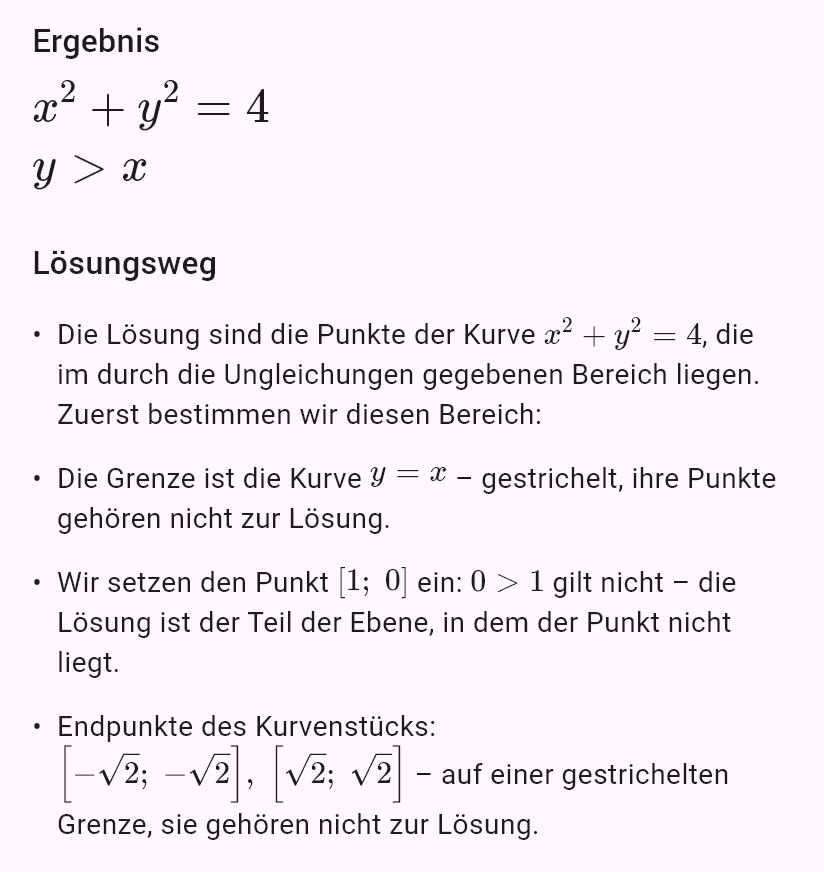 x^2 + y^2 = 4
y > x