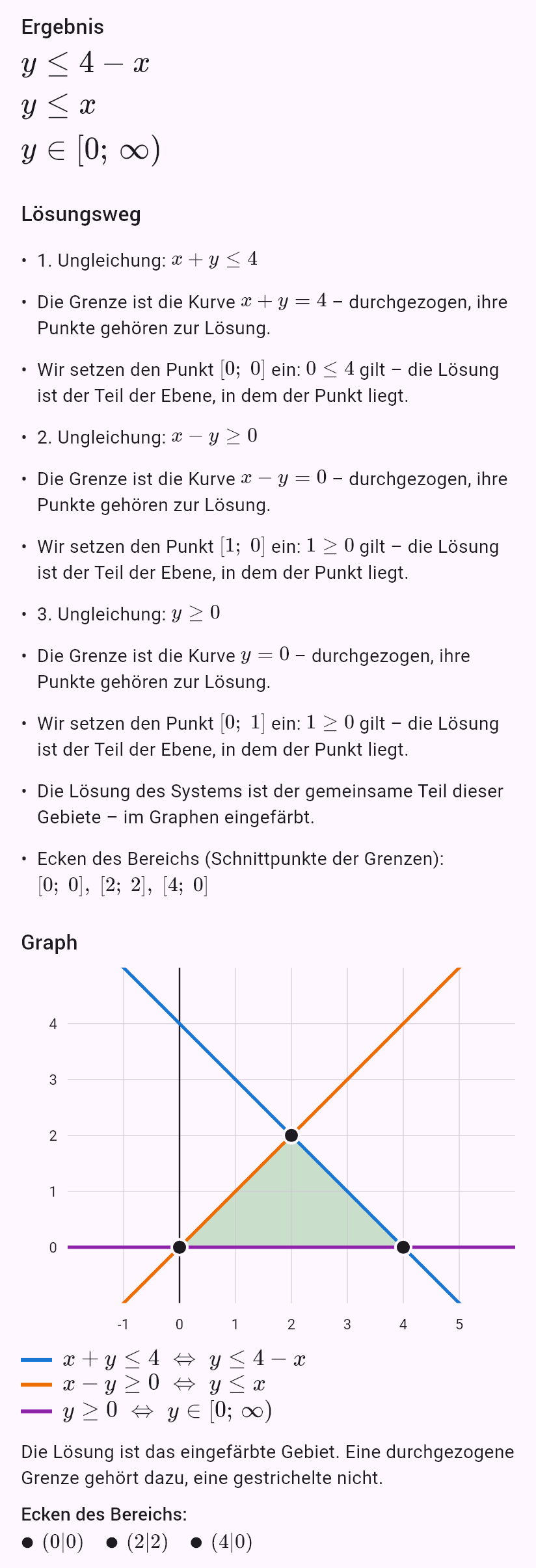 x + y <= 4
x - y >= 0
y >= 0