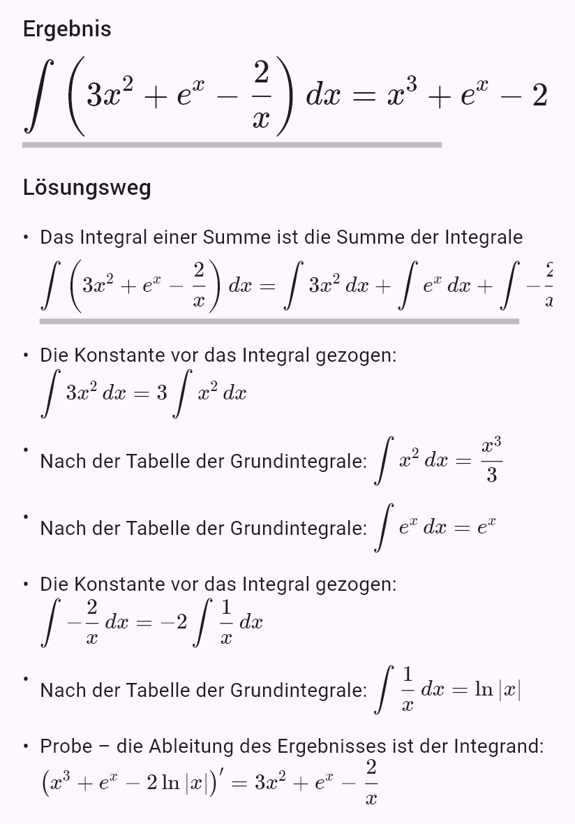 int(3x^2 - 2/x + e^x)