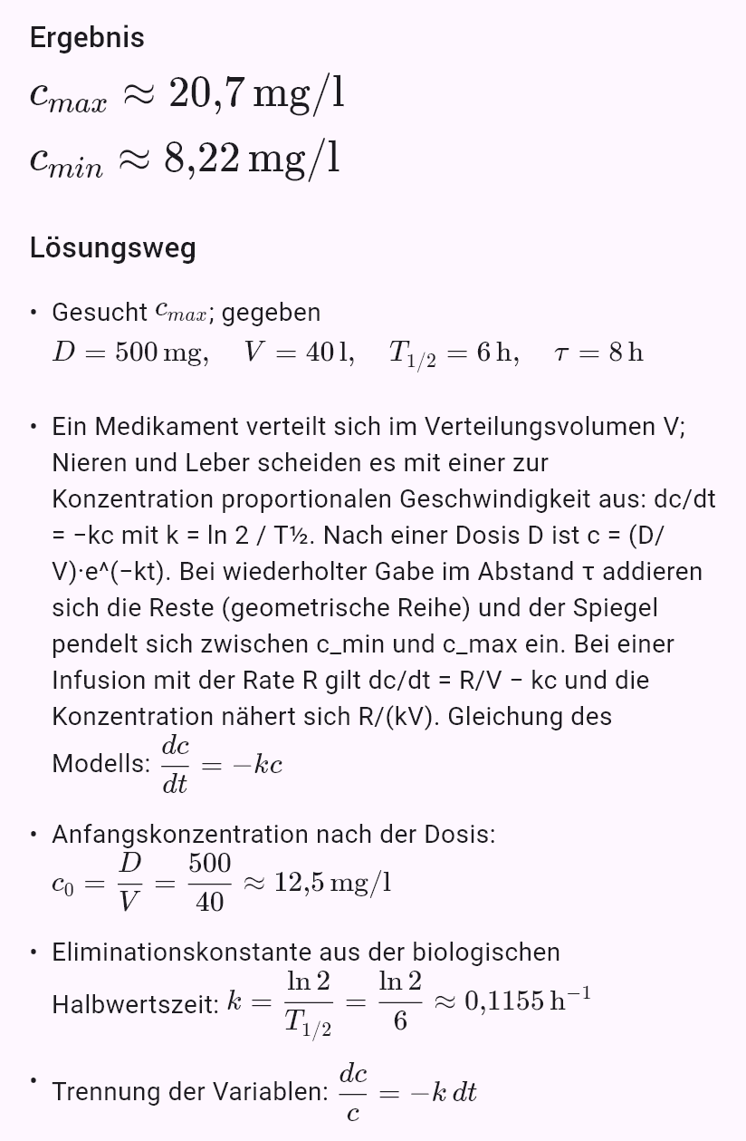 model(drug; find=steady[mg_l]; D=500[mg]; V=40[l]; T12=6[h]; tau=8[h]; mode=repeated)