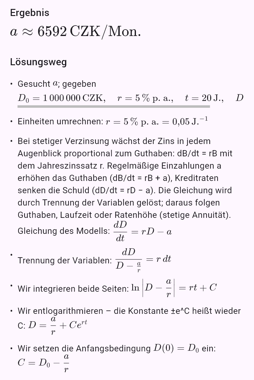 model(interest; find=a[CZK_mo]; B0=1000000[CZK]; r=5[pct_yr]; t=20[yr]; B=0[CZK]; kind=loan)
