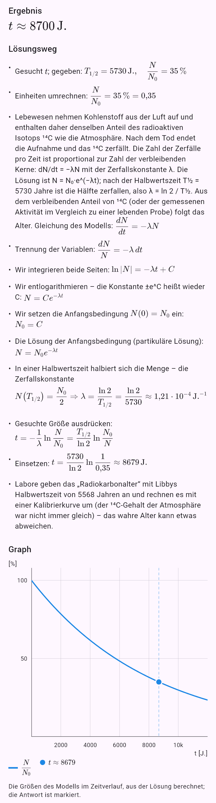 model(radiocarbon; find=t[yr]; T12=5730[yr]; p=35[pct]; input=ratio)