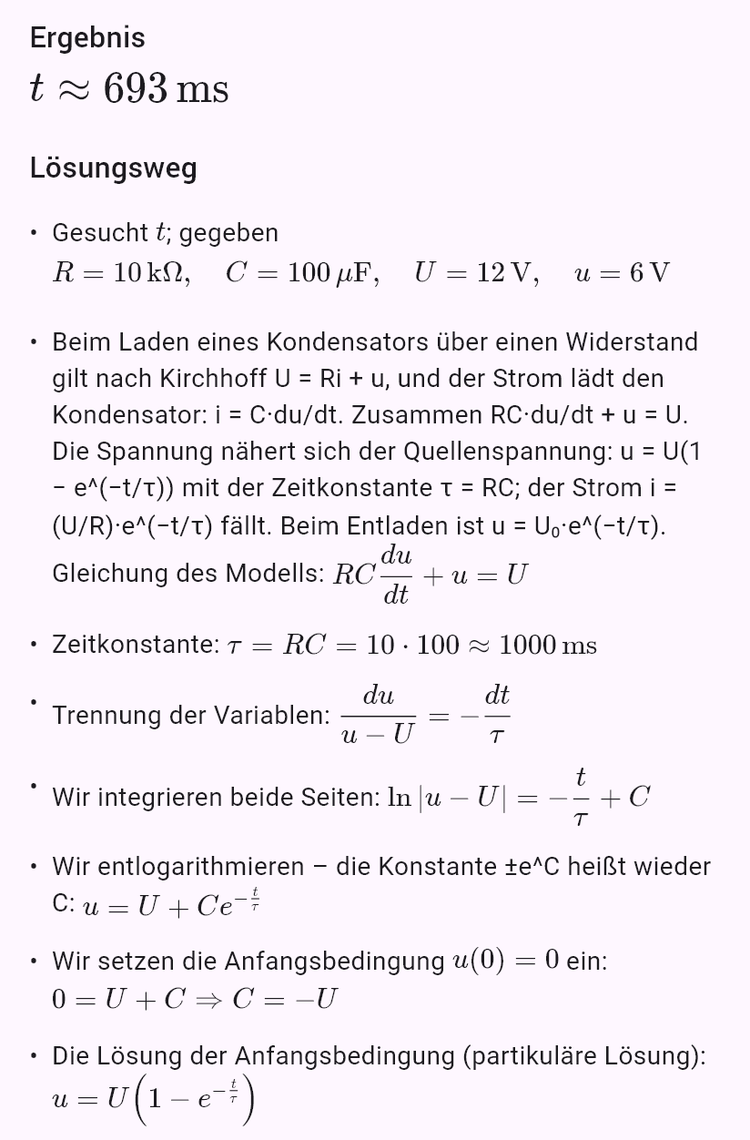model(rc; find=t[ms]; R=10[kohm]; C=100[uF]; U=12[V]; u=6[V]; mode=charge)