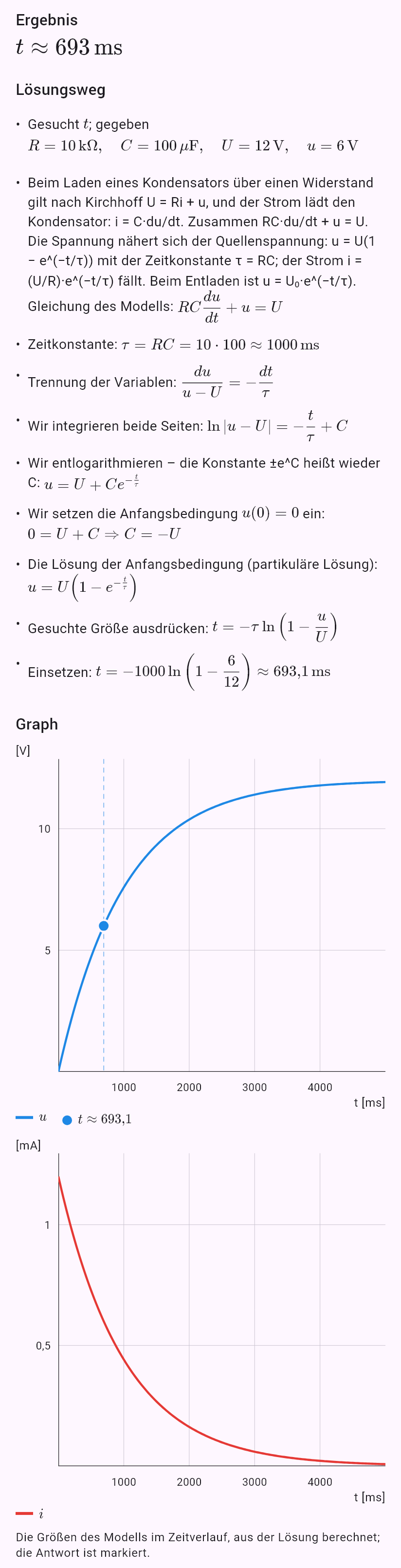 model(rc; find=t[ms]; R=10[kohm]; C=100[uF]; U=12[V]; u=6[V]; mode=charge)