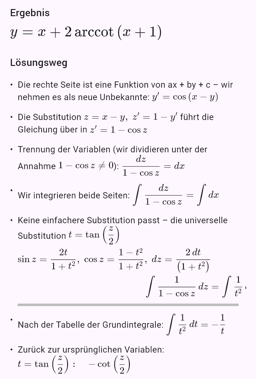y' = cos(x - y), y(0) = pi/2