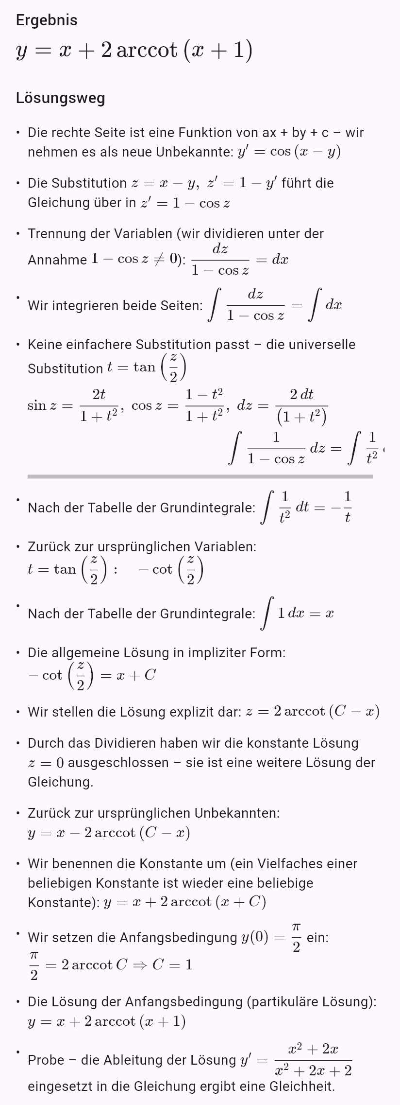 y' = cos(x - y), y(0) = pi/2