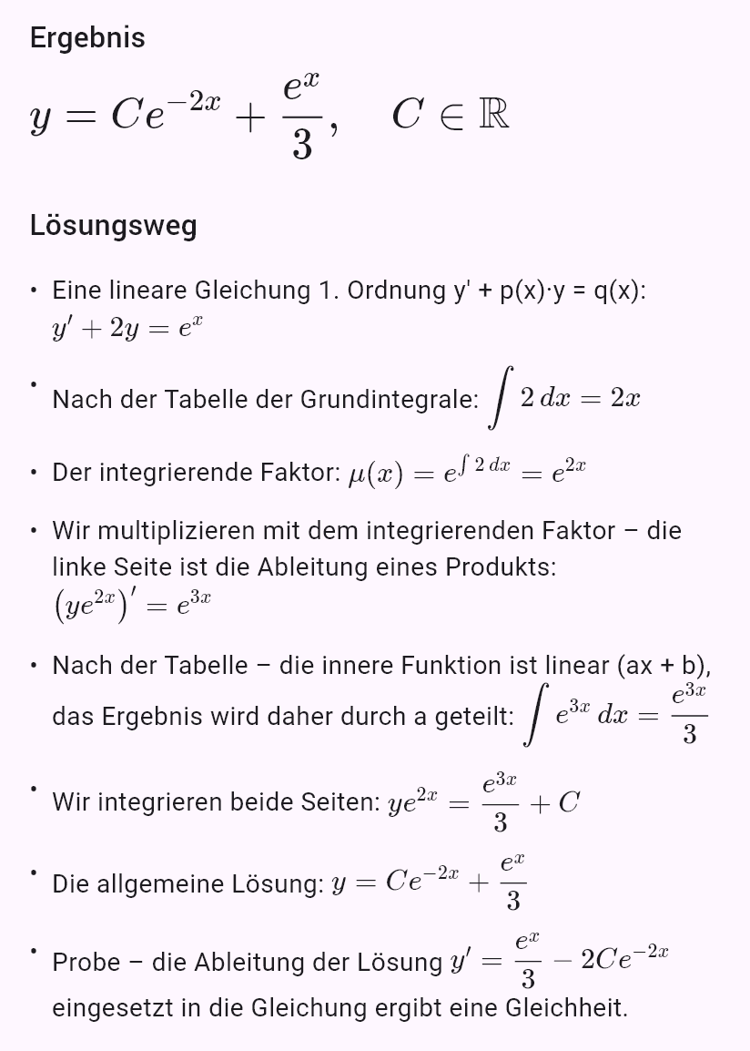 y' + 2y = e^x