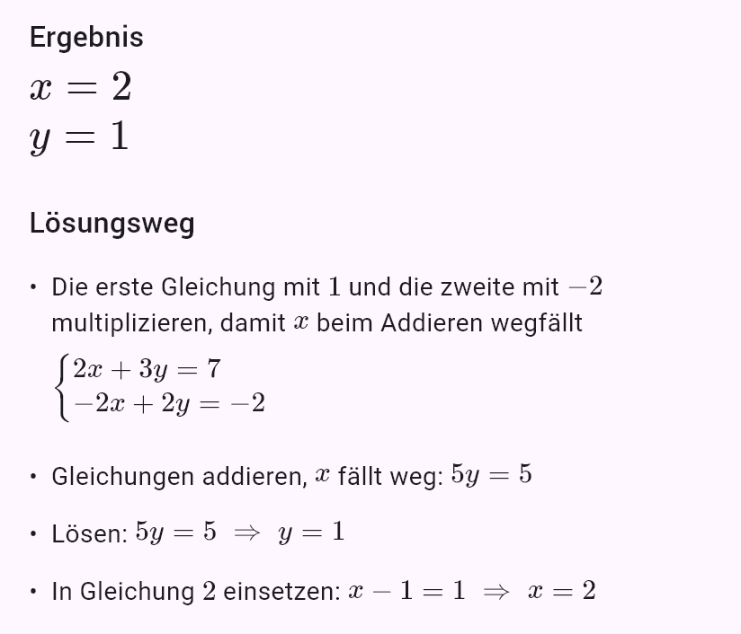 2x + 3y = 7
x - y = 1