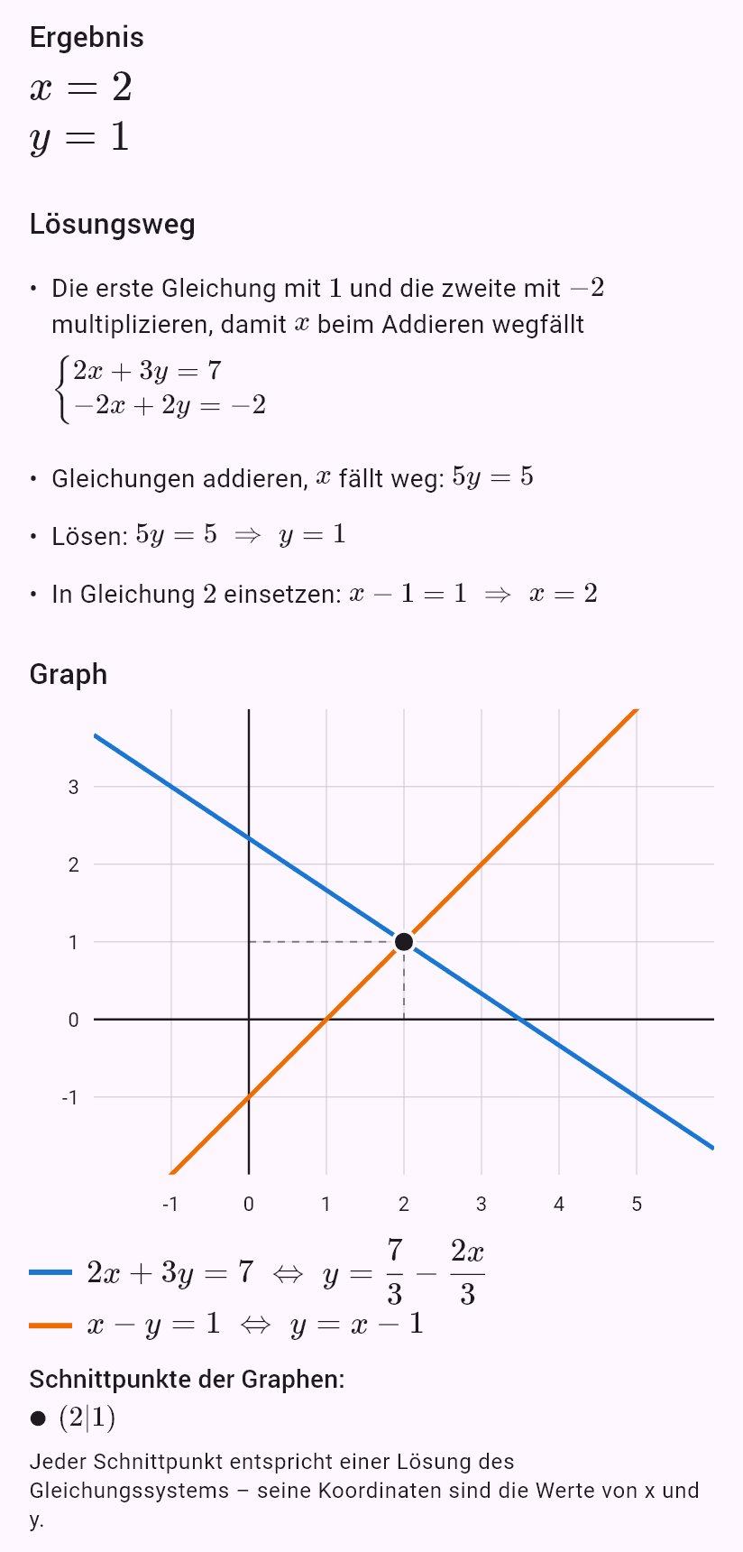 2x + 3y = 7
x - y = 1