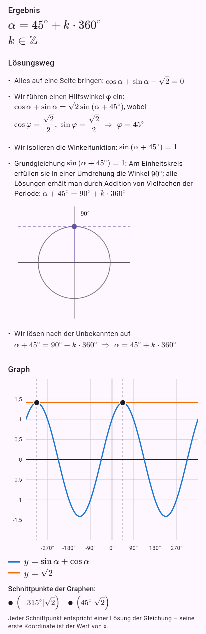 sin alpha + cos alpha = sqrt(2)