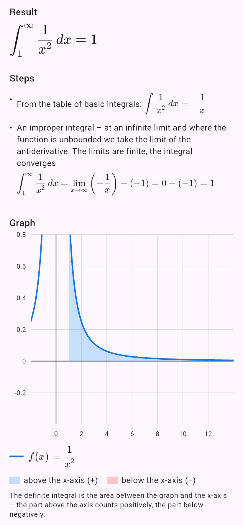 int(1/x^2, x, 1, oo)
