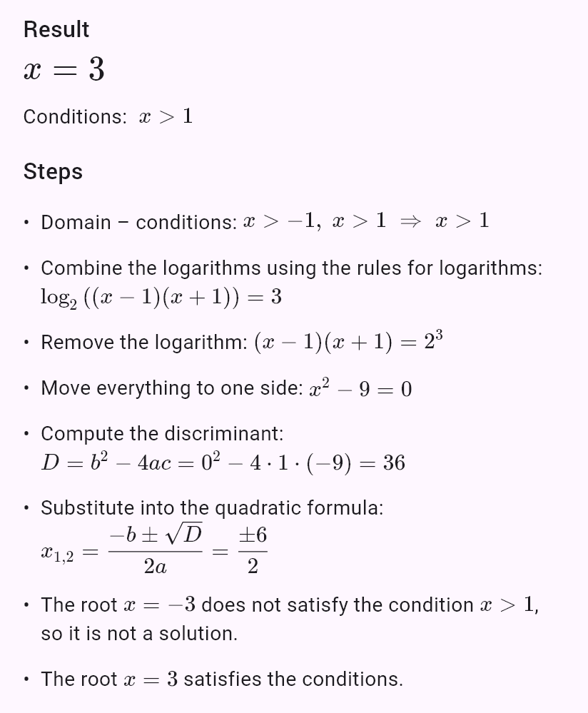 log_2(x+1) + log_2(x-1) = 3