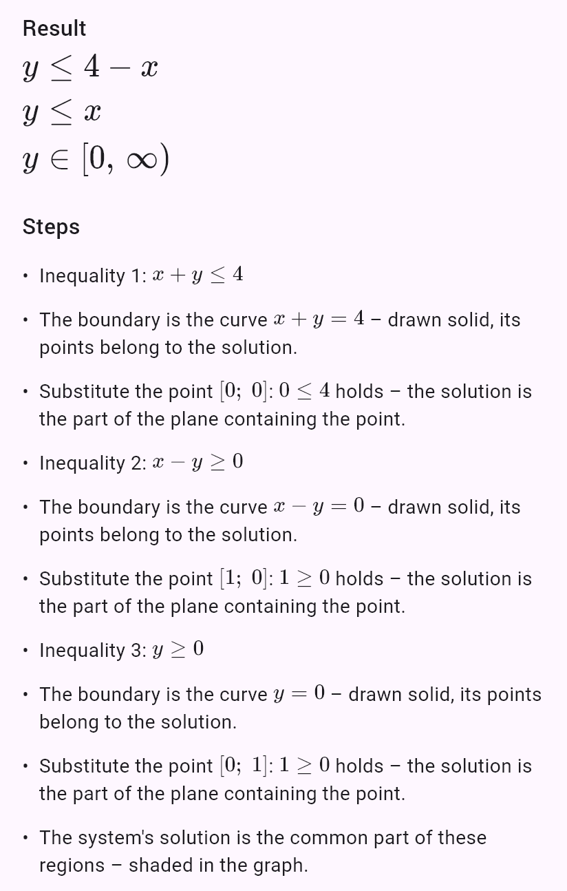 x + y <= 4
x - y >= 0
y >= 0