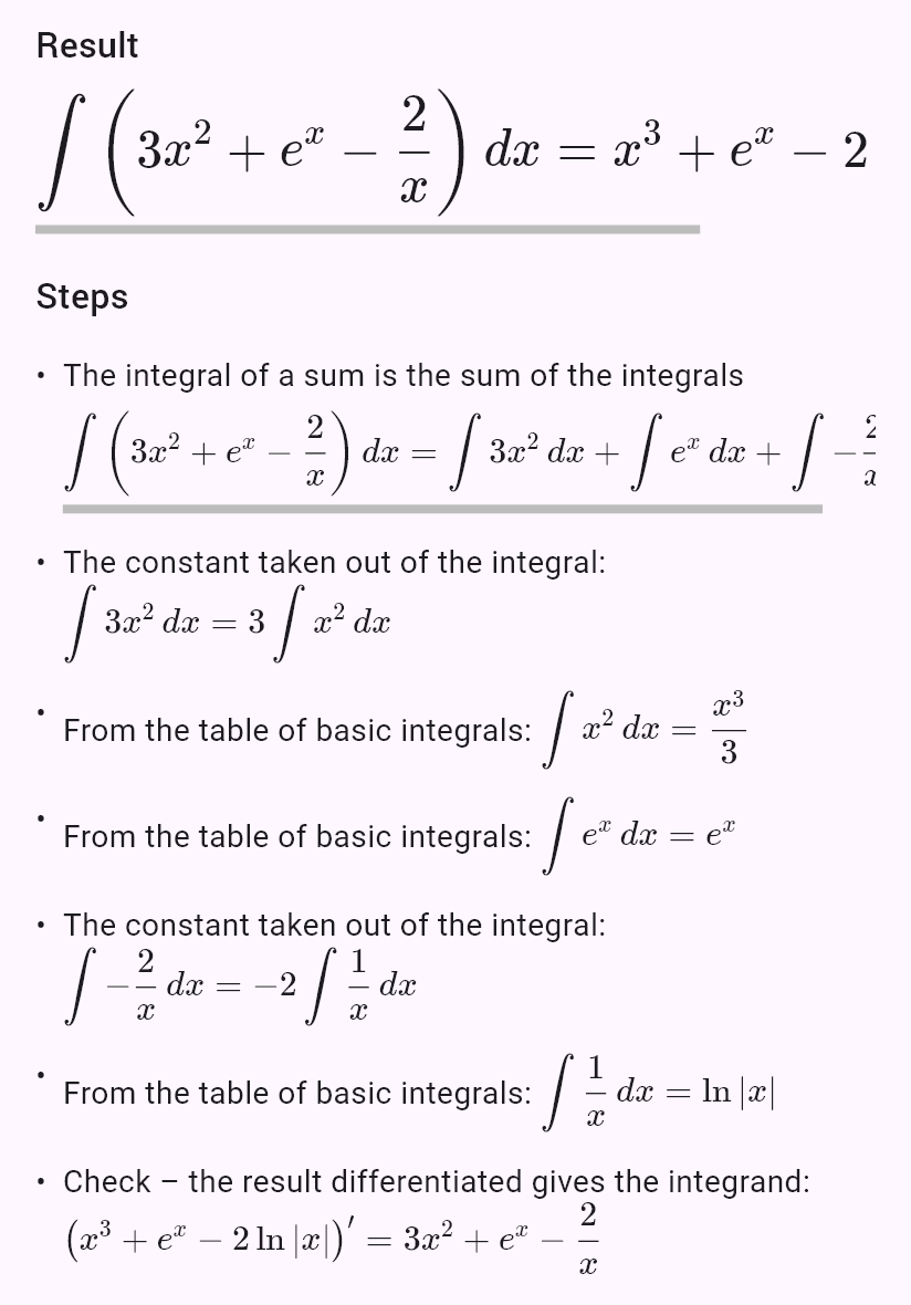 int(3x^2 - 2/x + e^x)