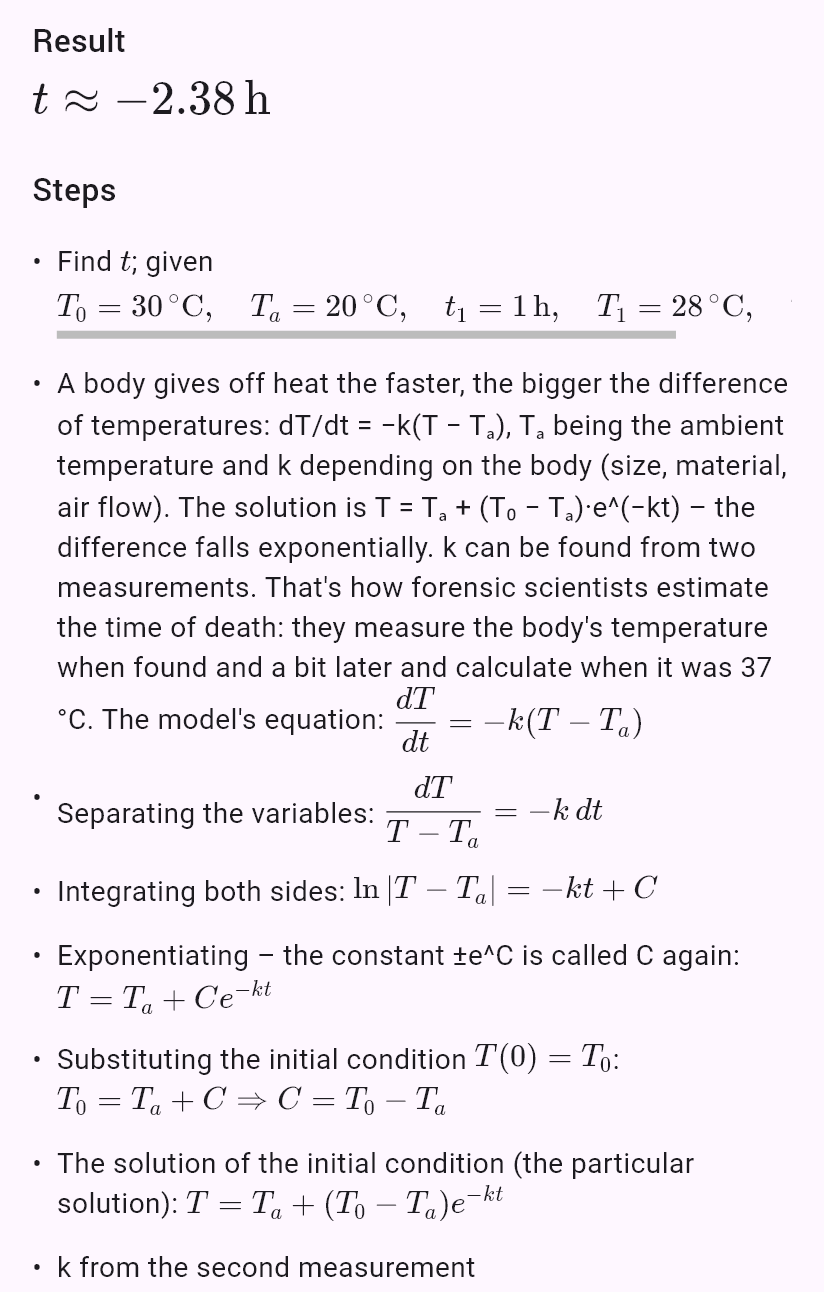 model(cooling; find=t[h]; T0=30[degC]; Ta=20[degC]; t1=1[h]; T1=28[degC]; Tt=37[degC]; k=measured)