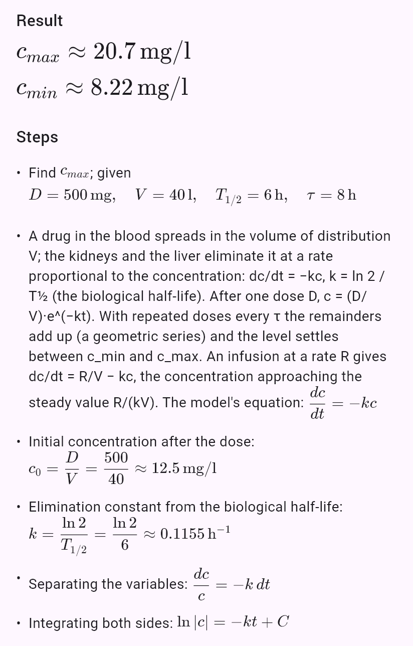 model(drug; find=steady[mg_l]; D=500[mg]; V=40[l]; T12=6[h]; tau=8[h]; mode=repeated)