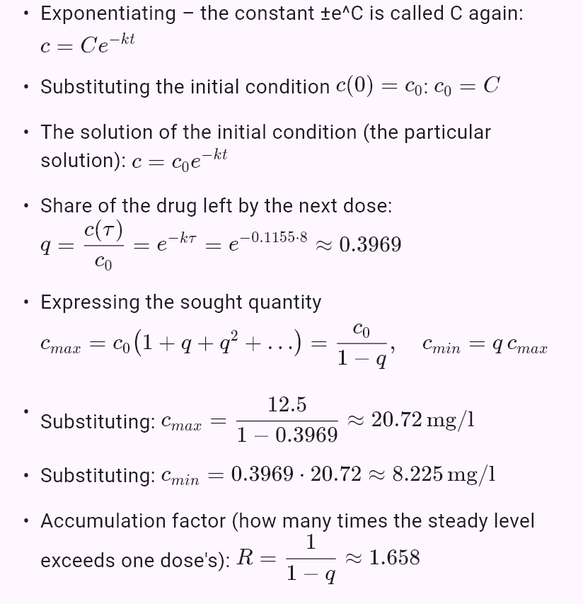 model(drug; find=steady[mg_l]; D=500[mg]; V=40[l]; T12=6[h]; tau=8[h]; mode=repeated)