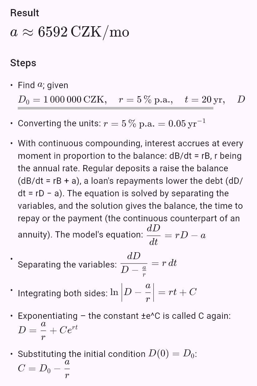 model(interest; find=a[CZK_mo]; B0=1000000[CZK]; r=5[pct_yr]; t=20[yr]; B=0[CZK]; kind=loan)