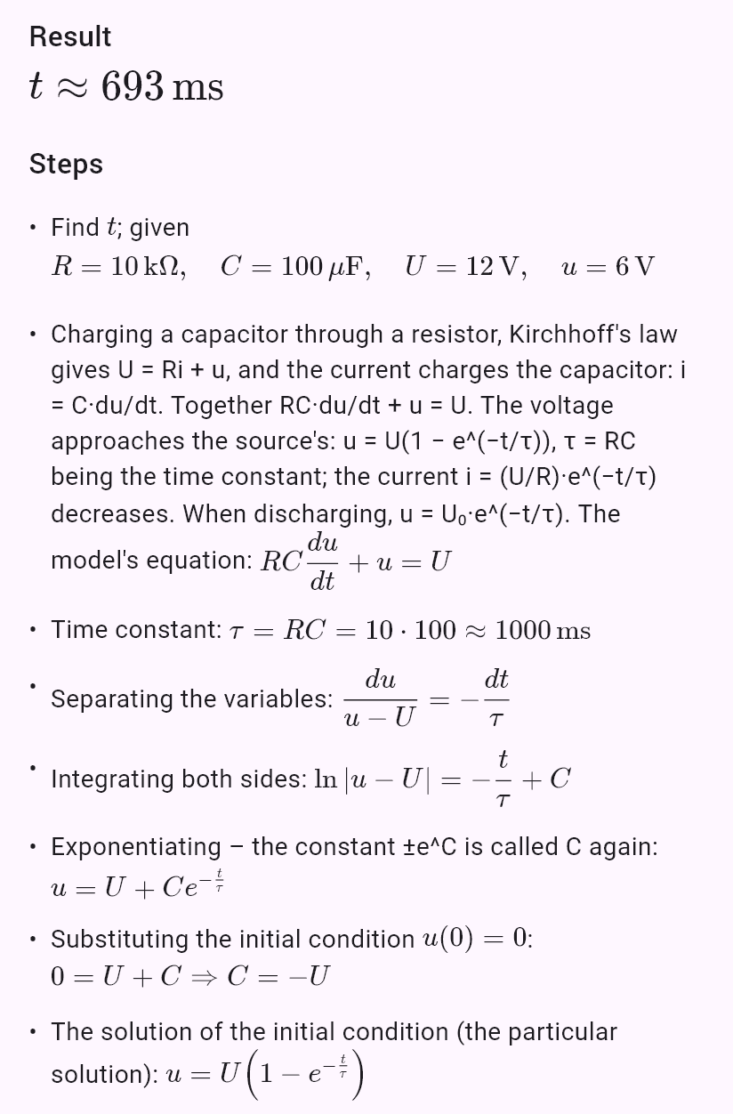 model(rc; find=t[ms]; R=10[kohm]; C=100[uF]; U=12[V]; u=6[V]; mode=charge)