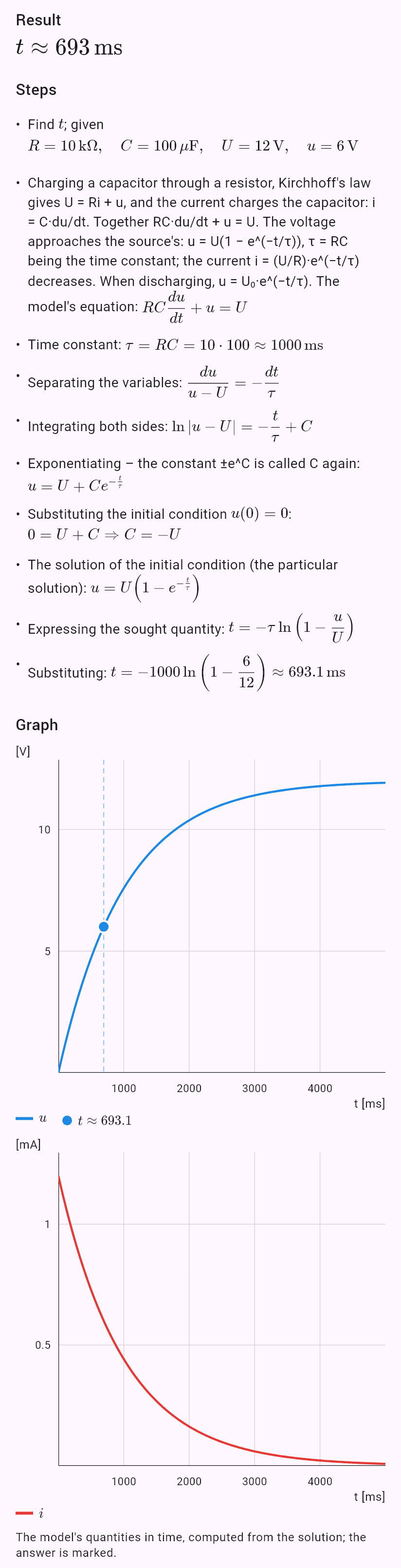 model(rc; find=t[ms]; R=10[kohm]; C=100[uF]; U=12[V]; u=6[V]; mode=charge)