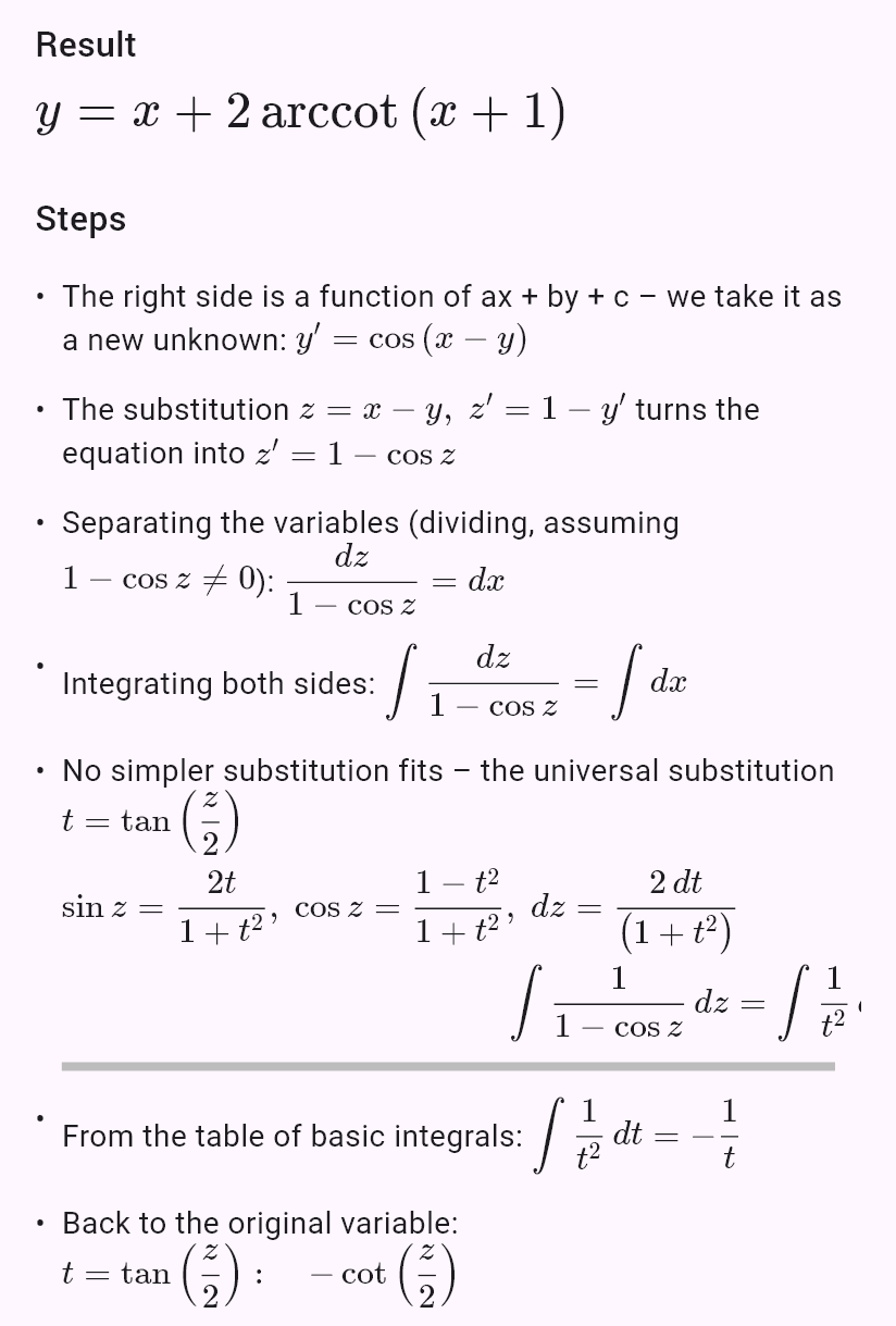 y' = cos(x - y), y(0) = pi/2