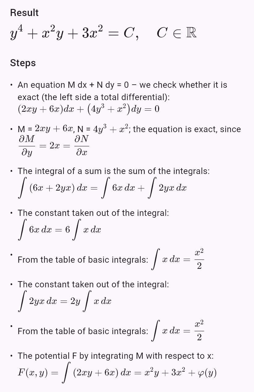 (2xy + 6x)dx + (x^2 + 4y^3)dy = 0