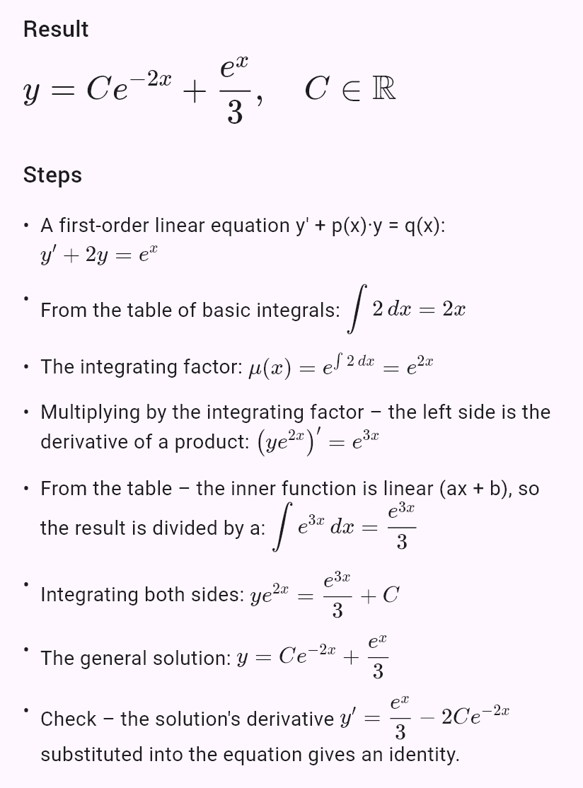 y' + 2y = e^x