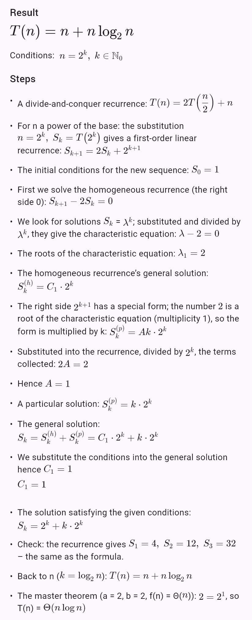 T(n) = 2T(n/2) + n, T(1) = 1
