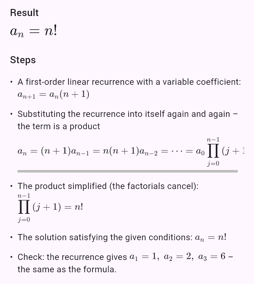 a_{n+1} = (n+1)a_n, a_0 = 1