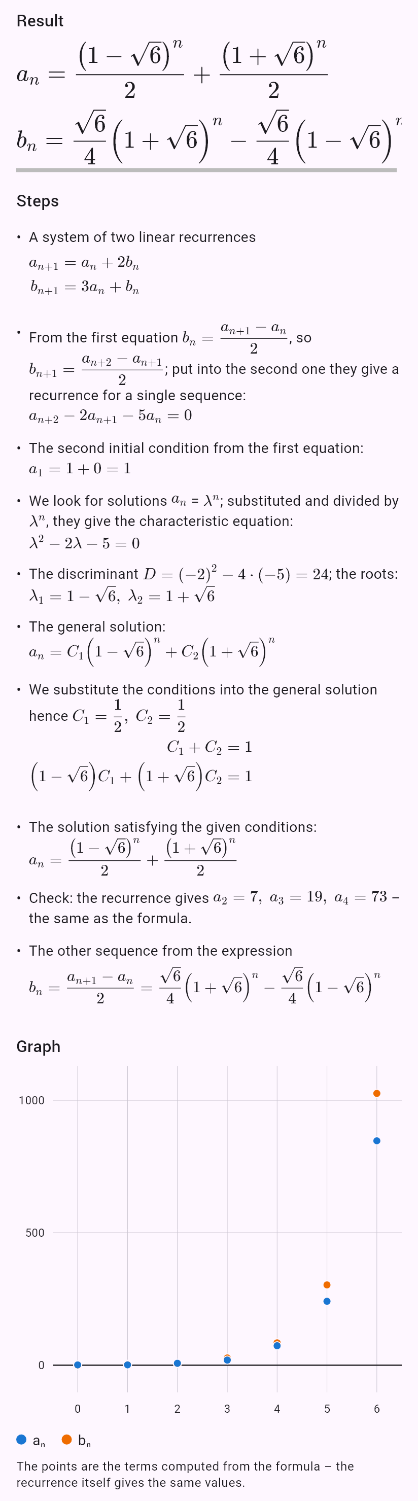 a_{n+1} = a_n + 2b_n
b_{n+1} = 3a_n + b_n
a_0 = 1, b_0 = 0