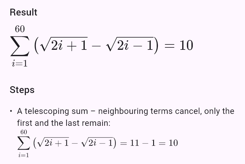 sum(sqrt(2i+1) - sqrt(2i-1), i, 1, 60)