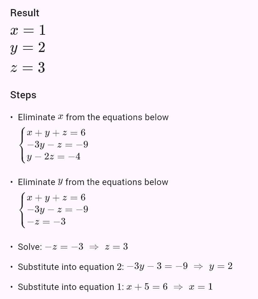 x + y + z = 6
2x - y + z = 3
x + 2y - z = 2