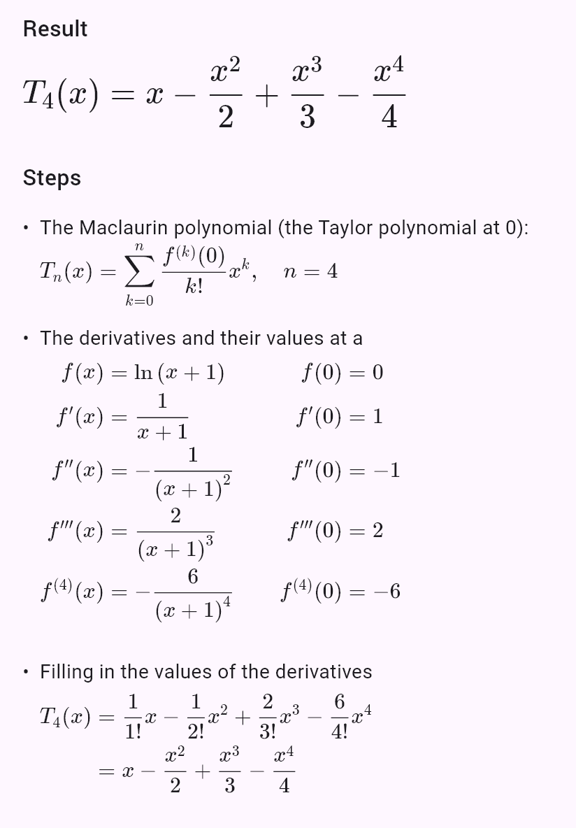 taylor(ln(1 + x), 0, 4)