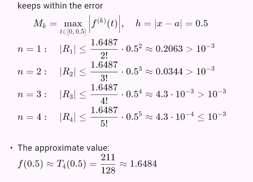 taylor(e^x, 0, chyba=0.001, x=0.5)