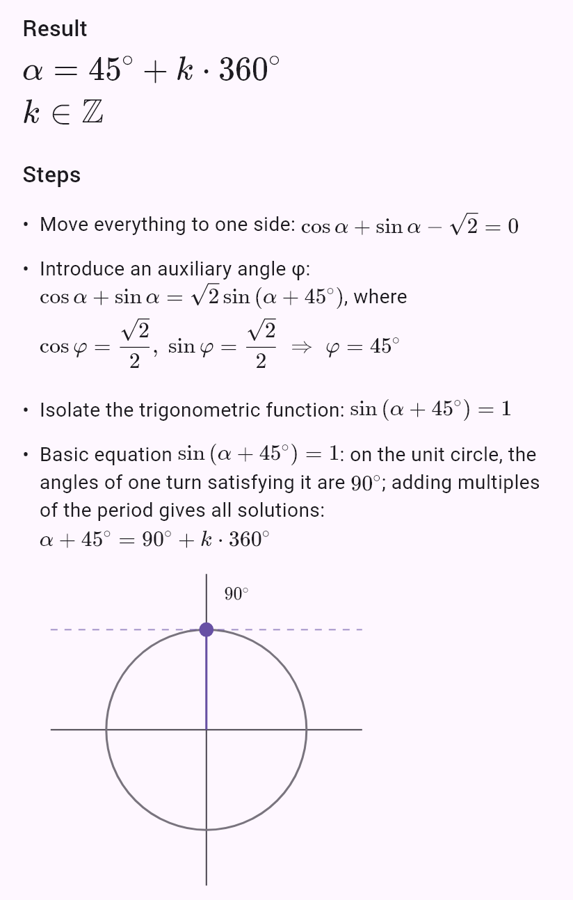 sin alpha + cos alpha = sqrt(2)