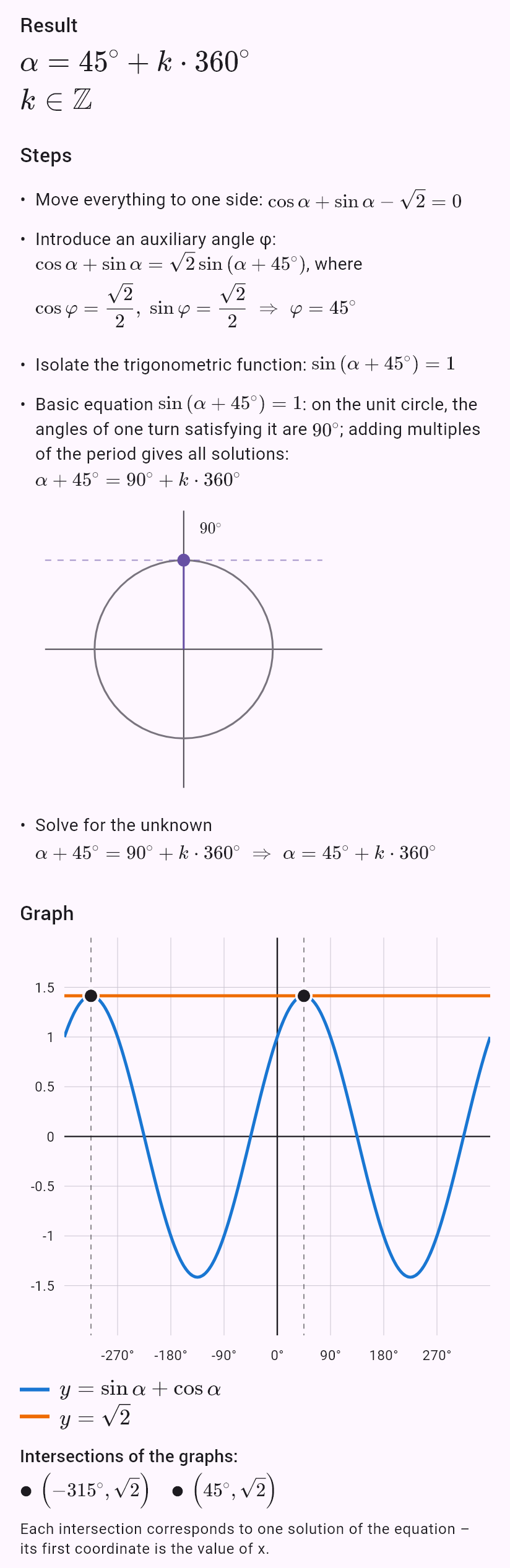 sin alpha + cos alpha = sqrt(2)