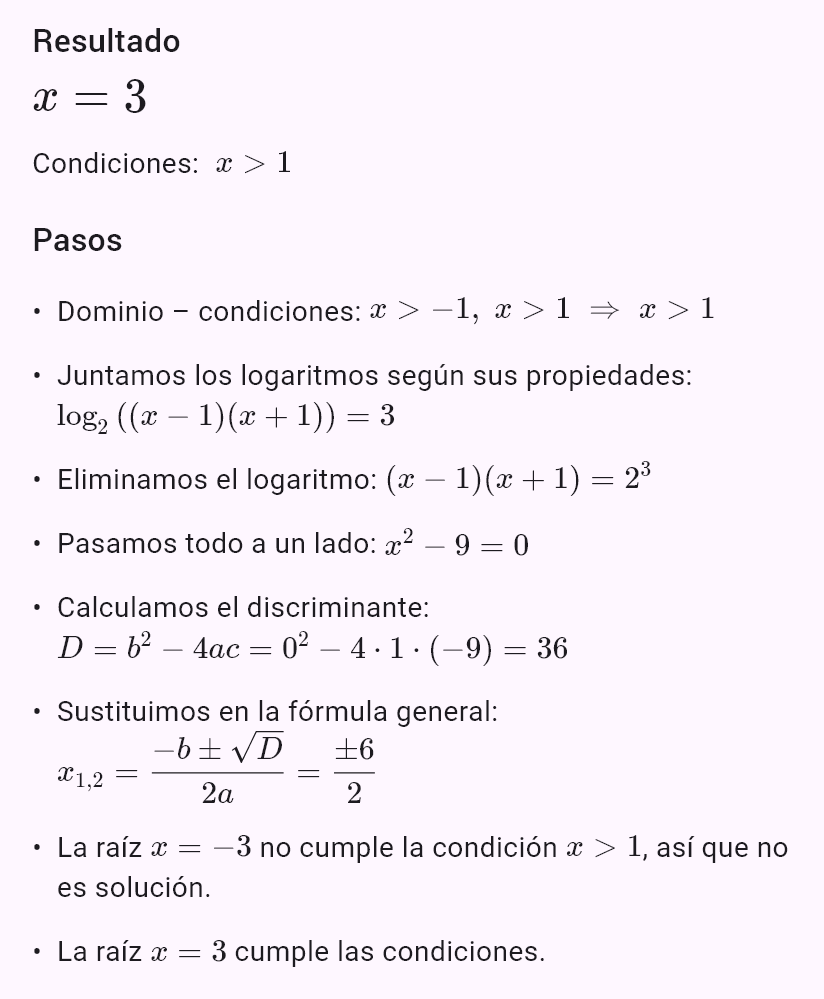 log_2(x+1) + log_2(x-1) = 3