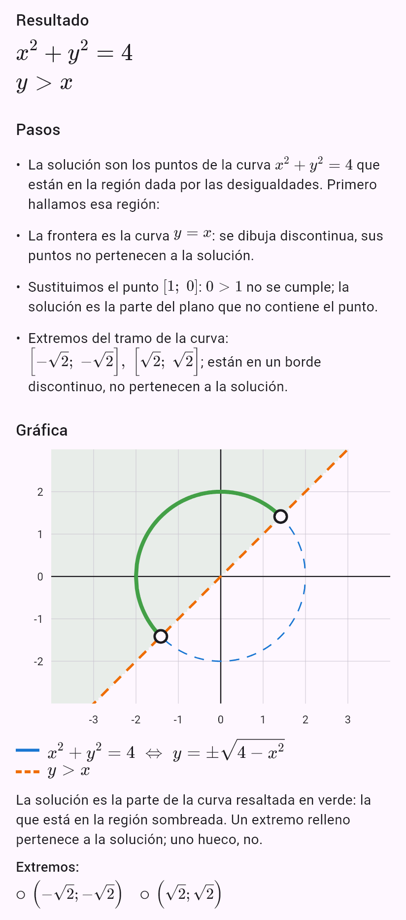 x^2 + y^2 = 4
y > x