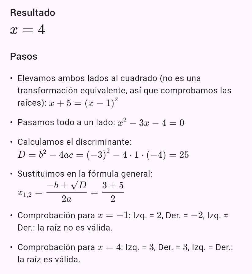 sqrt(x+5) = x - 1