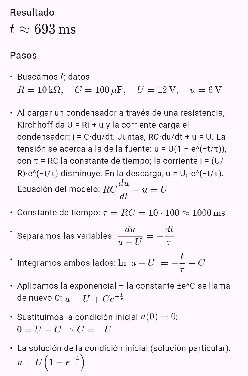 model(rc; find=t[ms]; R=10[kohm]; C=100[uF]; U=12[V]; u=6[V]; mode=charge)