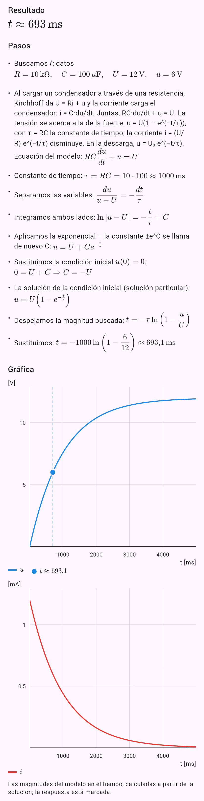 model(rc; find=t[ms]; R=10[kohm]; C=100[uF]; U=12[V]; u=6[V]; mode=charge)